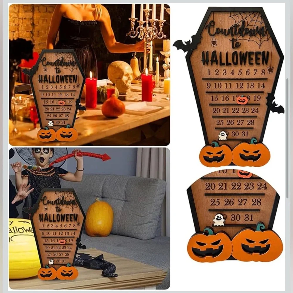 NWT Countdown to Halloween Calendar Wooden Advent Coffin Shaped Wall‎ Decor
